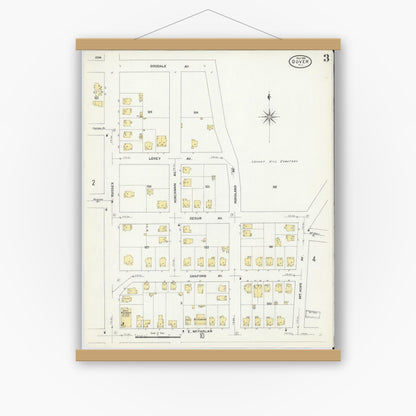 Old map wall art mockup — magnetic wood frame on white wall — Sanborn Fire Insurance Map from Dover, Morris County, New Jersey (1909), Sheet #0003