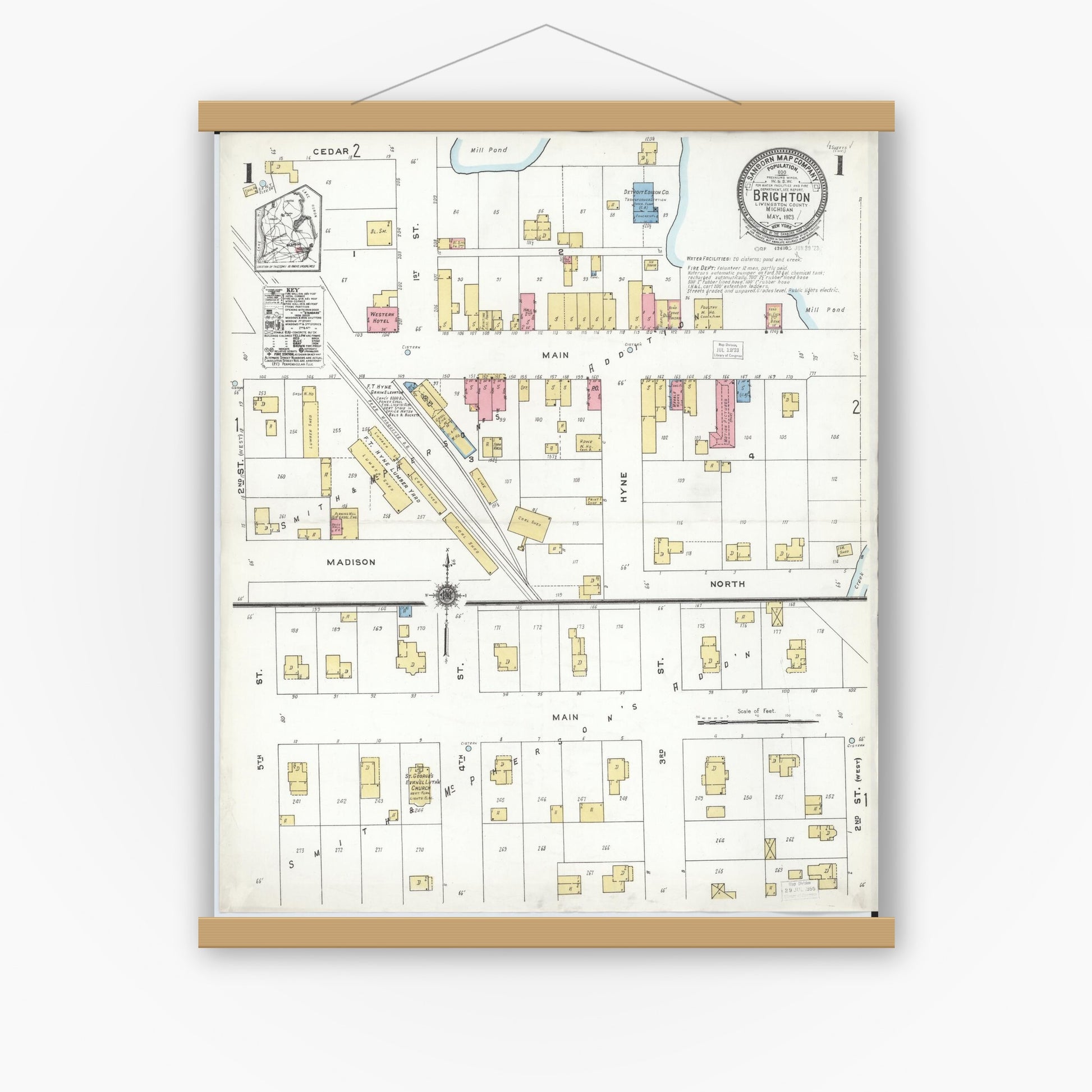 Old map wall art mockup — magnetic wood frame on white wall — Sanborn Fire Insurance Map from Brighton, Livingston County, Michigan (1923) - Complete Map Set