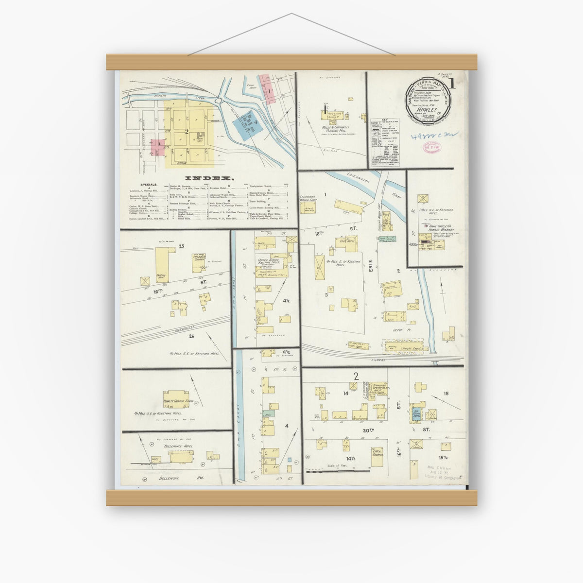 Old map wall art mockup — magnetic wood frame on white wall — Sanborn Fire Insurance Map from Hawley, Wayne County, Pennsylvania (1897) - Complete Map Set