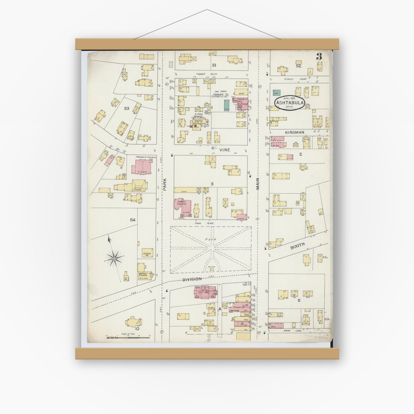 Old map wall art mockup — magnetic wood frame on white wall — Sanborn Fire Insurance Map from Ashtabula, Ashtabula County, Ohio (1893), Sheet #0003