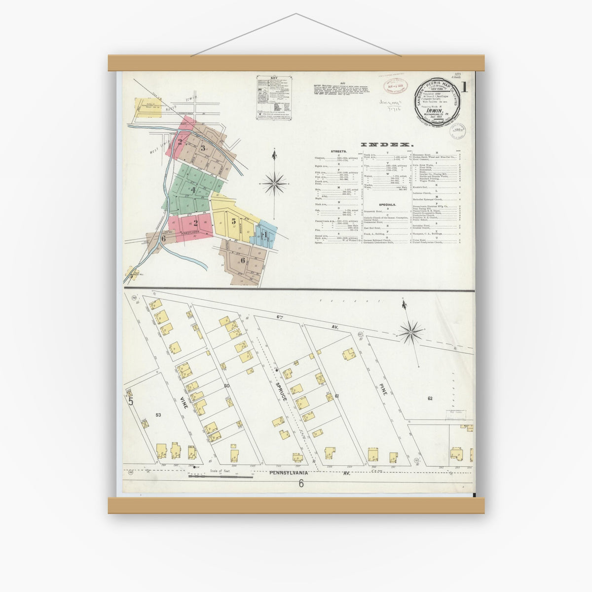 Old map wall art mockup — magnetic wood frame on white wall — Sanborn Fire Insurance Map from Irwin, Westmoreland County, Pennsylvania (1899), Sheet #0001