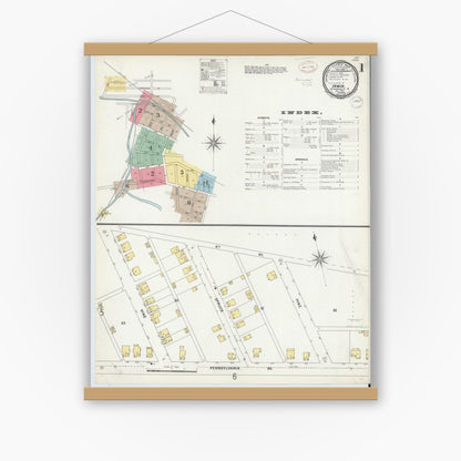 Old map wall art mockup — magnetic wood frame on white wall — Sanborn Fire Insurance Map from Irwin, Westmoreland County, Pennsylvania (1899), Sheet #0001