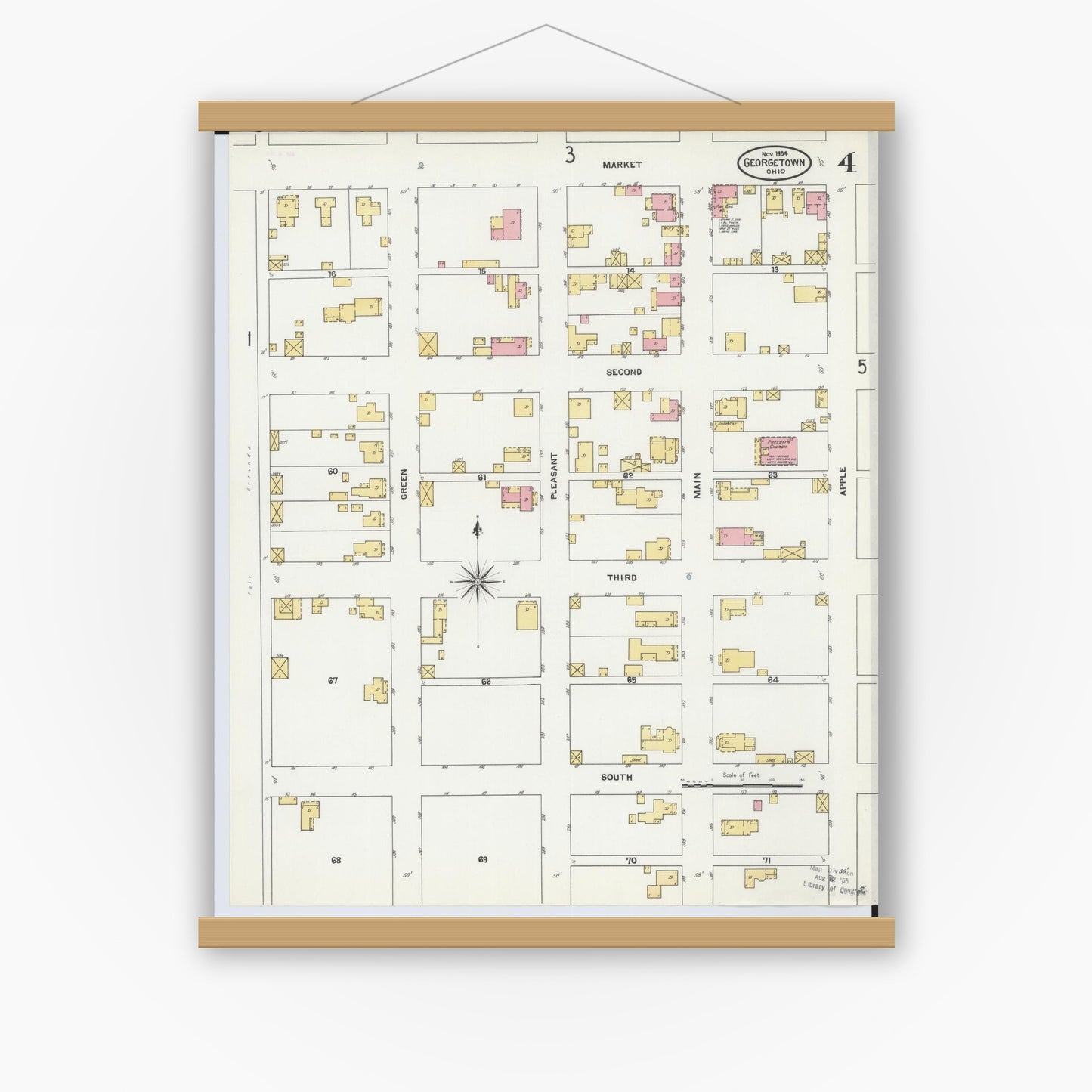 Old map wall art mockup — magnetic wood frame on white wall — Sanborn Fire Insurance Map from Georgetown, Brown County, Ohio (1904), Sheet #0004
