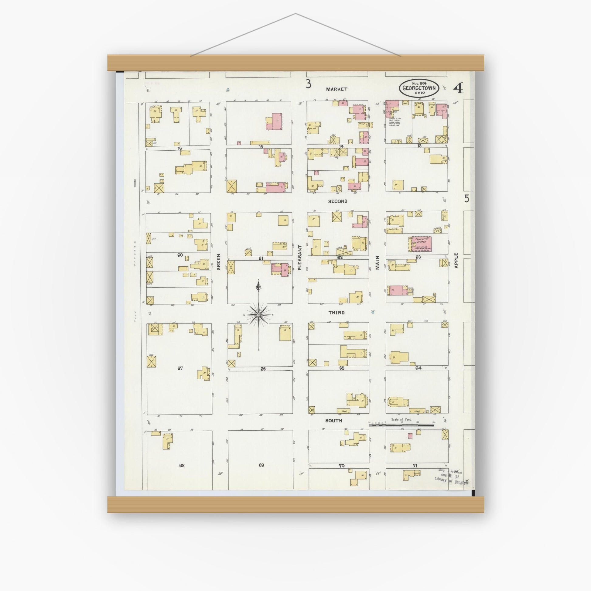 Old map wall art mockup — magnetic wood frame on white wall — Sanborn Fire Insurance Map from Georgetown, Brown County, Ohio (1904), Sheet #0004