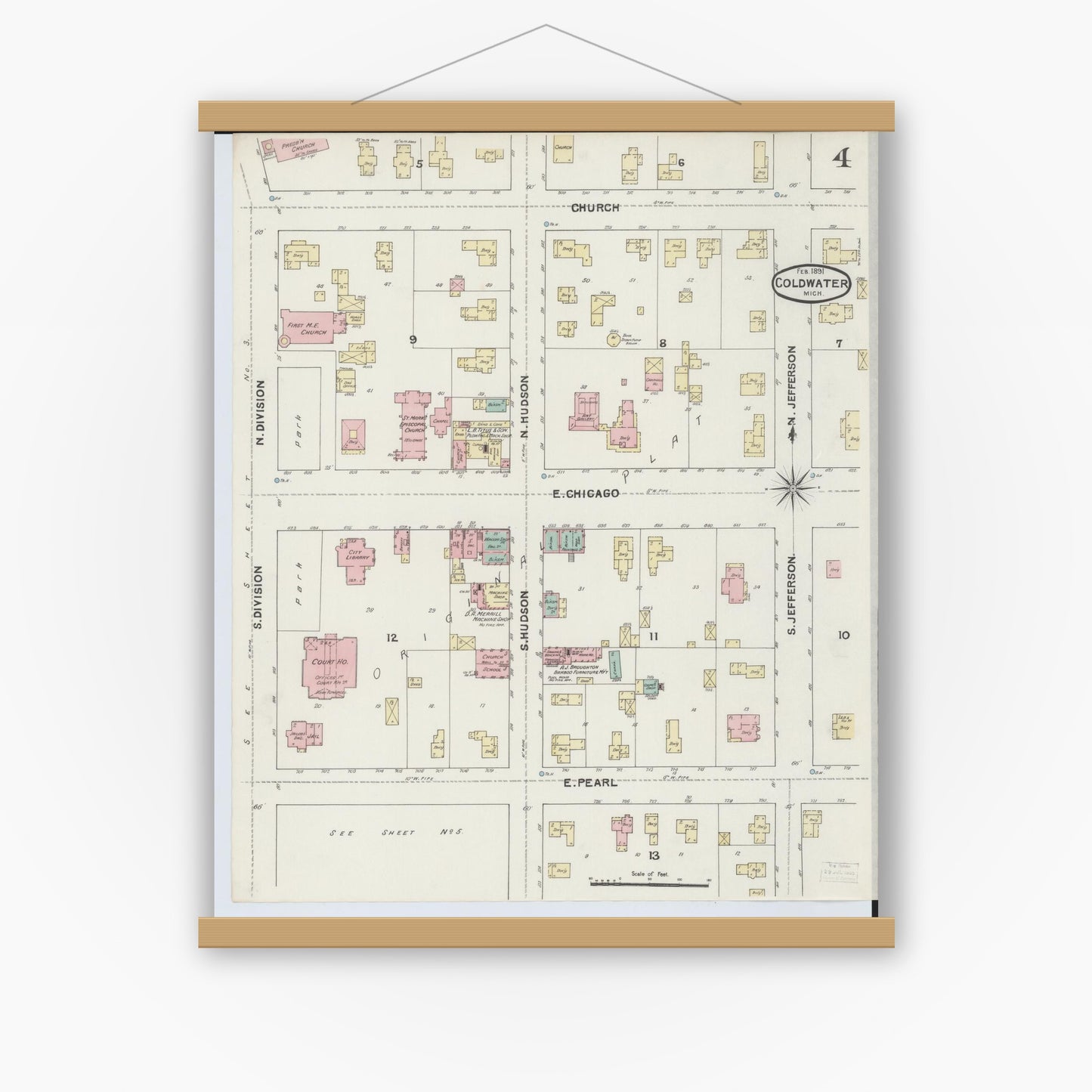Old map wall art mockup — magnetic wood frame on white wall — Sanborn Fire Insurance Map from Coldwater, Branch County, Michigan (1891), Sheet #0004