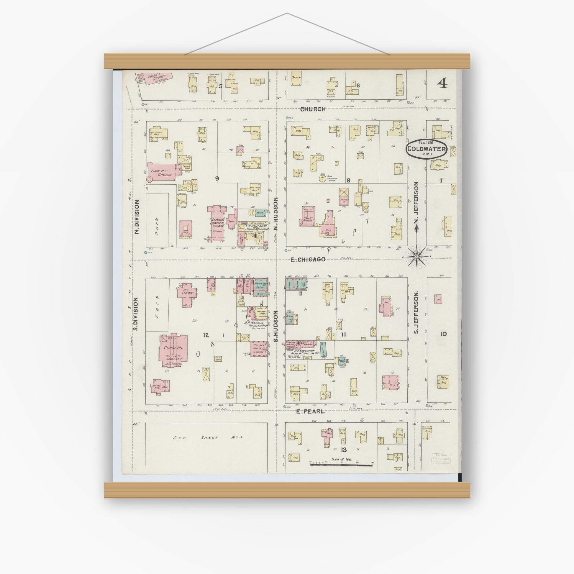 Old map wall art mockup — magnetic wood frame on white wall — Sanborn Fire Insurance Map from Coldwater, Branch County, Michigan (1891), Sheet #0004