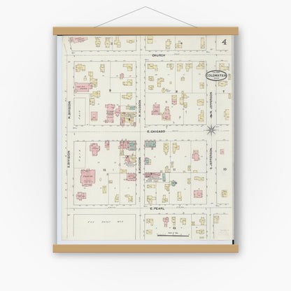 Old map wall art mockup — magnetic wood frame on white wall — Sanborn Fire Insurance Map from Coldwater, Branch County, Michigan (1891), Sheet #0004