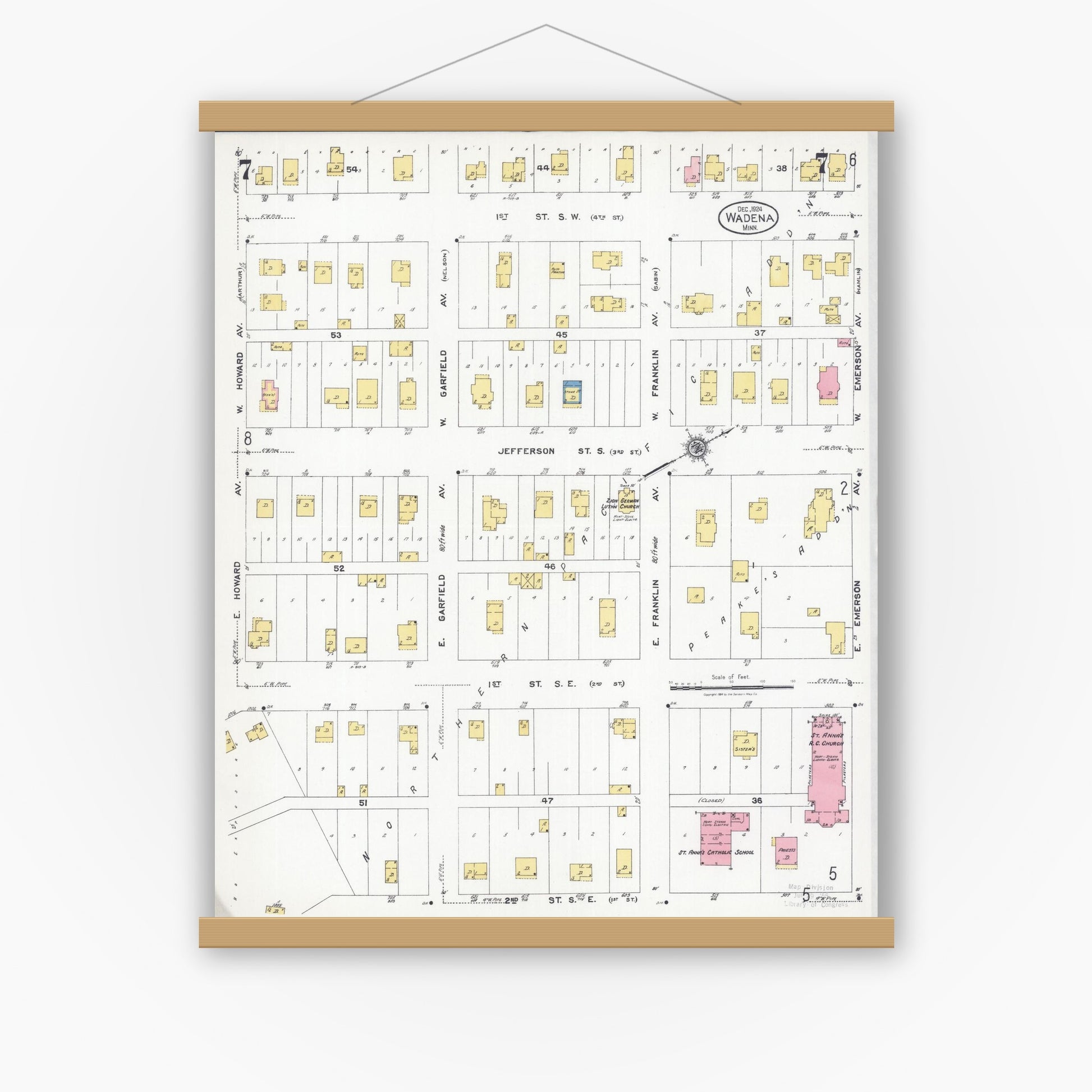 Old map wall art mockup — magnetic wood frame on white wall — Sanborn Fire Insurance Map from Wadena, Wadena County, Minnesota (1924), Sheet #0007
