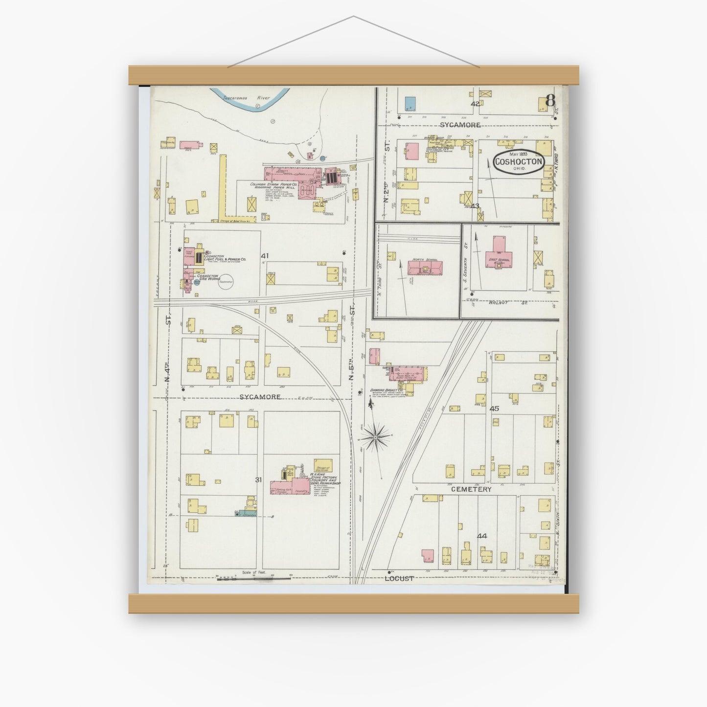 Old map wall art mockup — magnetic wood frame on white wall — Sanborn Fire Insurance Map from Coshocton, Coshocton County, Ohio (1893), Sheet #0008