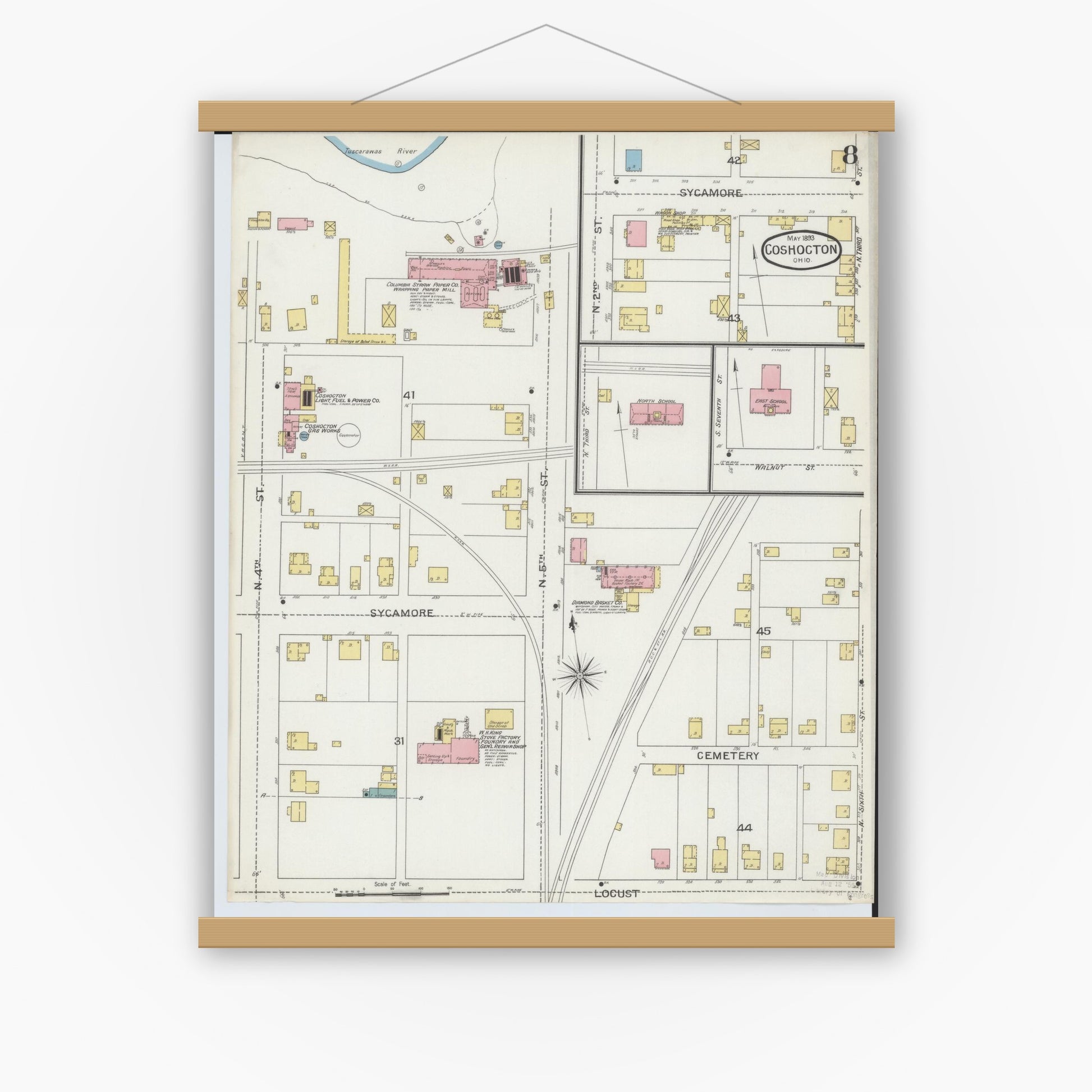 Old map wall art mockup — magnetic wood frame on white wall — Sanborn Fire Insurance Map from Coshocton, Coshocton County, Ohio (1893), Sheet #0008