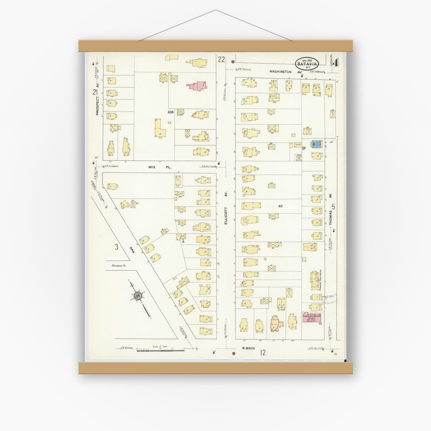 Old map wall art mockup — magnetic wood frame on white wall — Sanborn Fire Insurance Map from Batavia, Genesee County, New York (1912), Sheet #0004