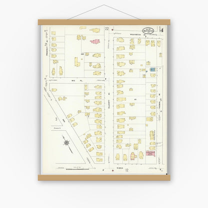 Old map wall art mockup — magnetic wood frame on white wall — Sanborn Fire Insurance Map from Batavia, Genesee County, New York (1912), Sheet #0004