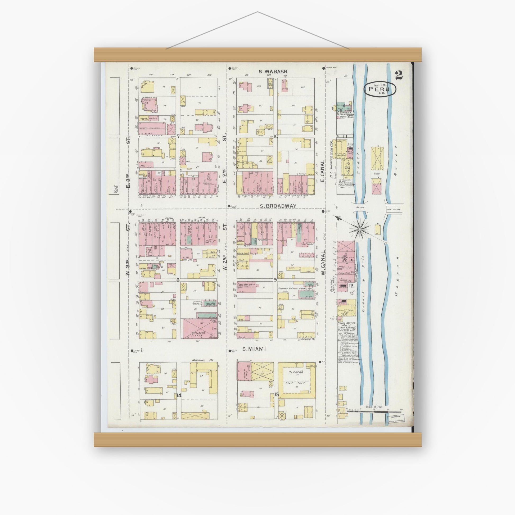 Old map wall art mockup — magnetic wood frame on white wall — Sanborn Fire Insurance Map from Peru, Miami County, Indiana (1893), Sheet #0002