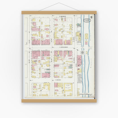 Old map wall art mockup — magnetic wood frame on white wall — Sanborn Fire Insurance Map from Peru, Miami County, Indiana (1893), Sheet #0002