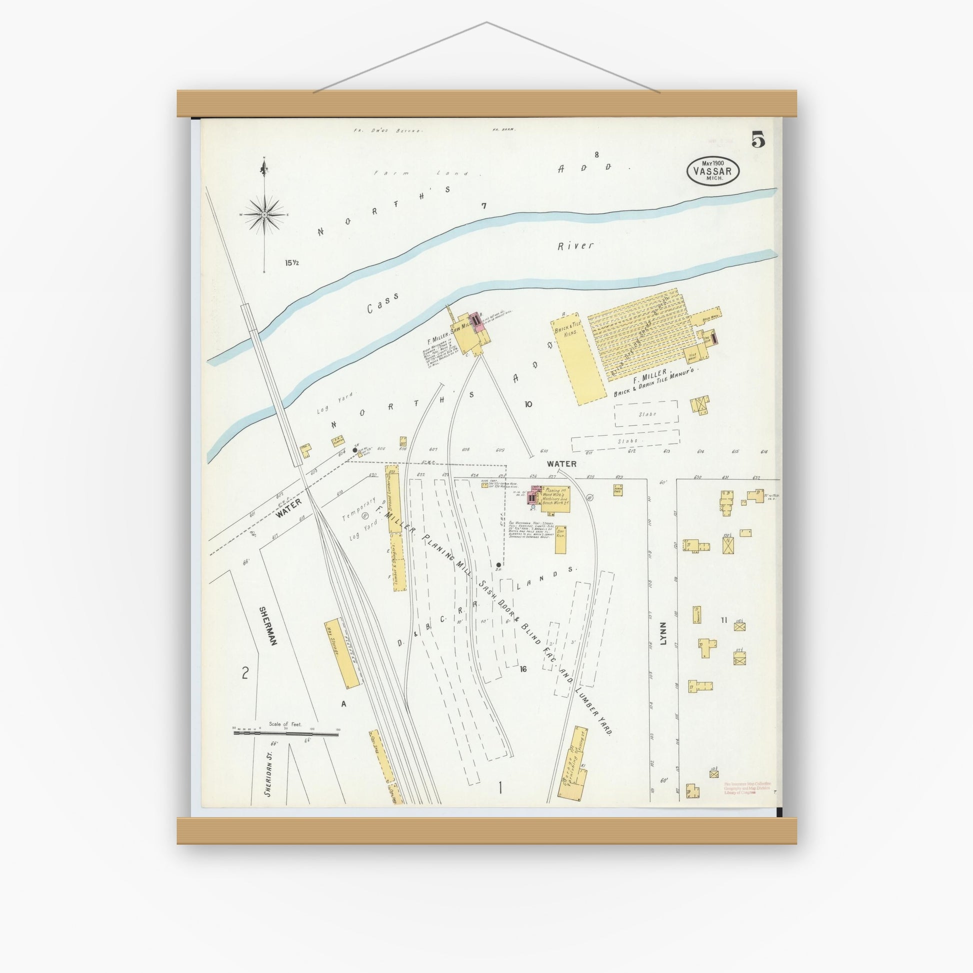 Old map wall art mockup — magnetic wood frame on white wall — Sanborn Fire Insurance Map from Vassar, Tuscola County, Michigan (1900), Sheet #0005