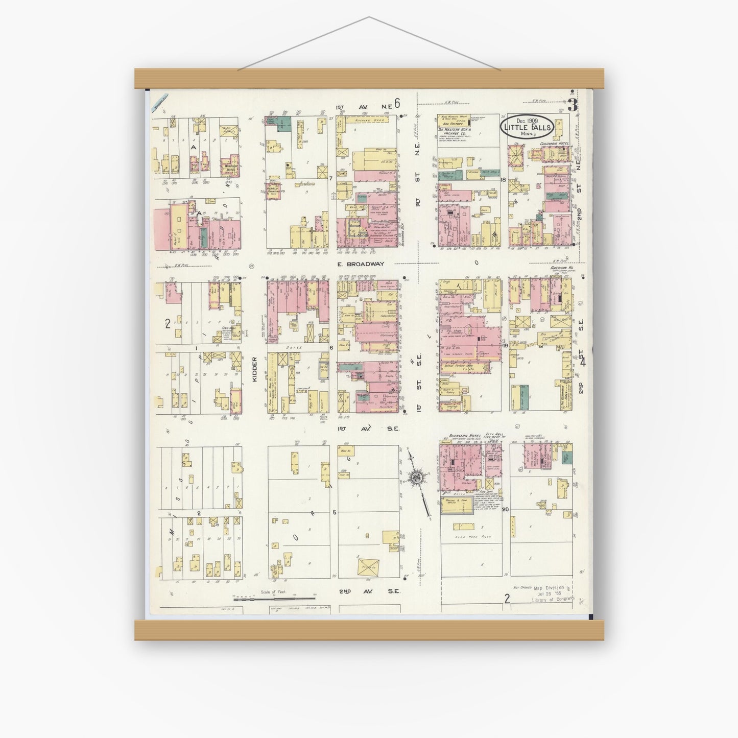 Old map wall art mockup — magnetic wood frame on white wall — Sanborn Fire Insurance Map from Little Falls, Morrison County, Minnesota (1909), Sheet #0003