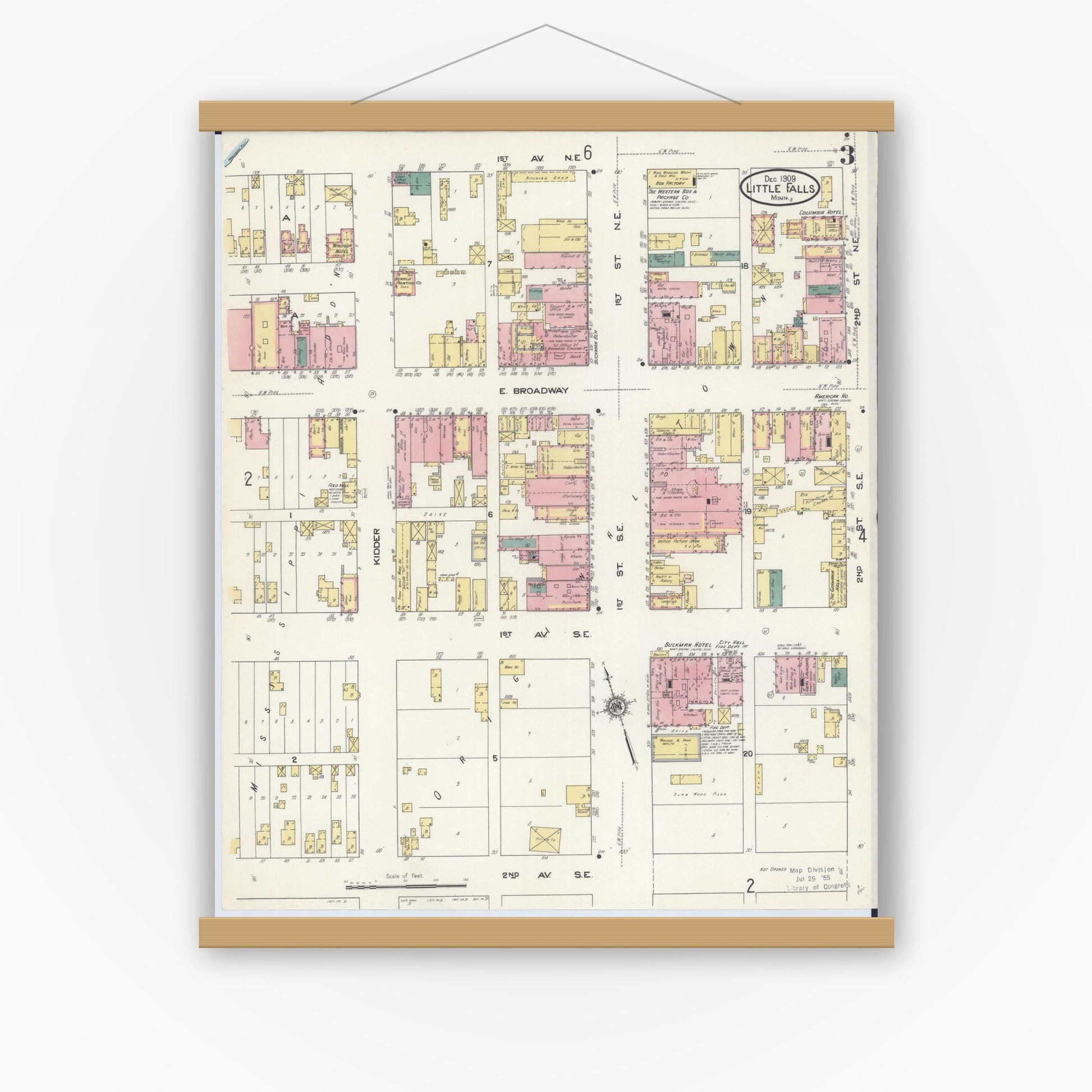Old map wall art mockup — magnetic wood frame on white wall — Sanborn Fire Insurance Map from Little Falls, Morrison County, Minnesota (1909), Sheet #0003