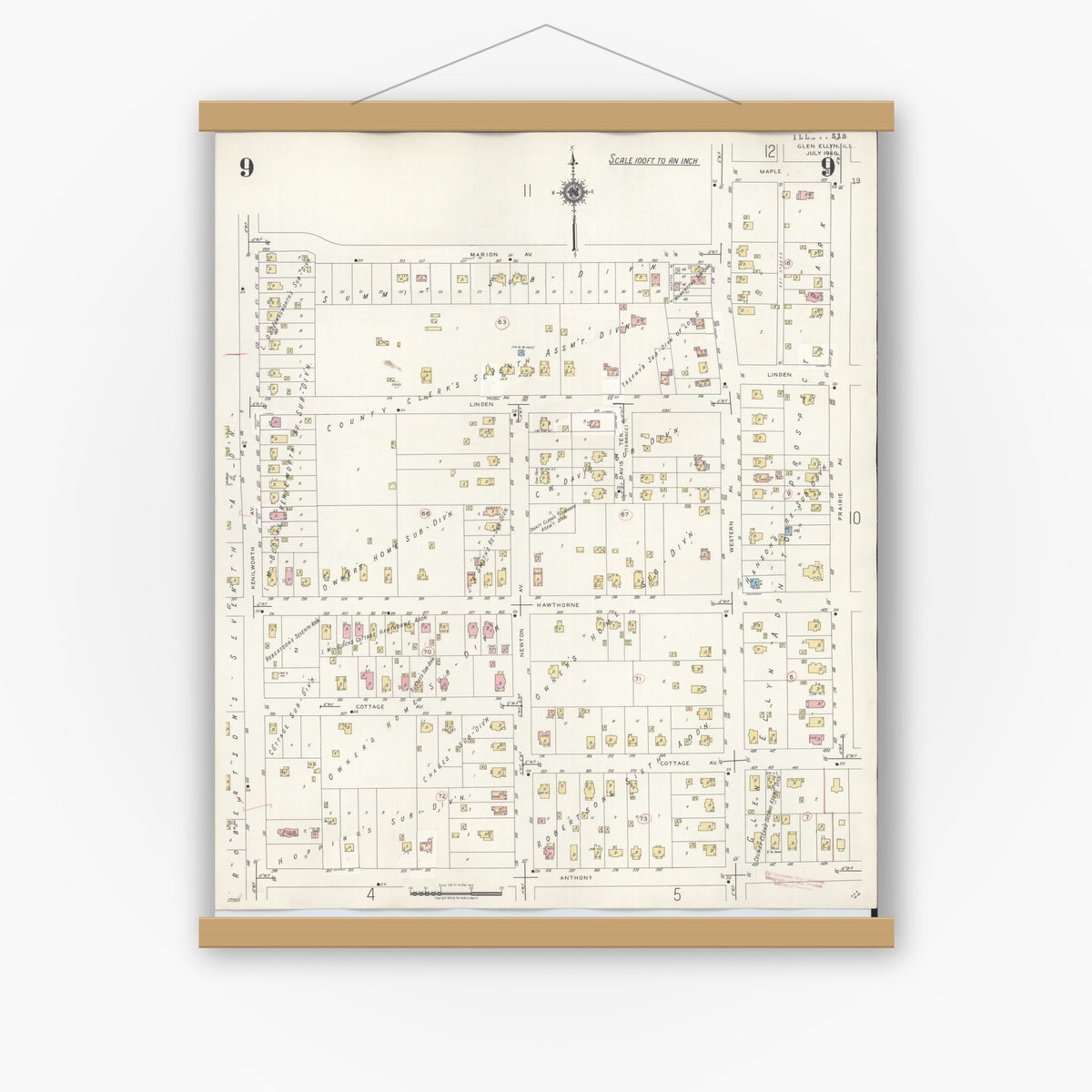 Old map wall art mockup — magnetic wood frame on white wall — Sanborn Fire Insurance Map from Glen Ellyn, Du Page County, Illinois (1940), Sheet #0009