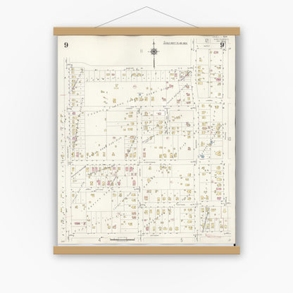 Old map wall art mockup — magnetic wood frame on white wall — Sanborn Fire Insurance Map from Glen Ellyn, Du Page County, Illinois (1940), Sheet #0009