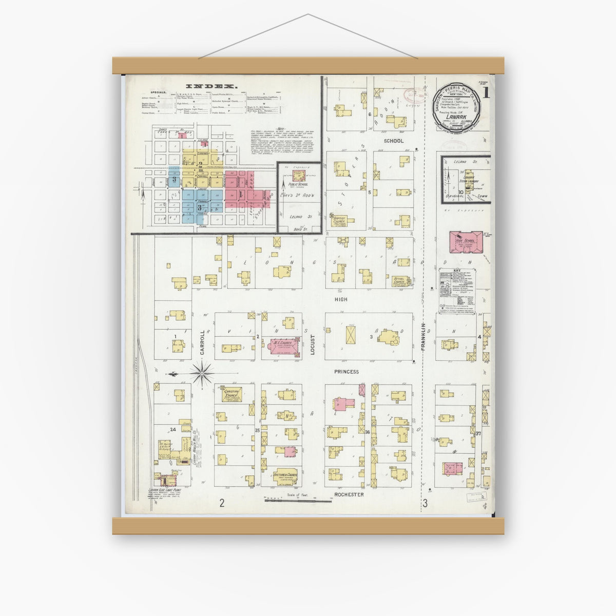 Old map wall art mockup — magnetic wood frame on white wall — Sanborn Fire Insurance Map from Lanark, Carroll County, Illinois (1899) - Complete Map Set