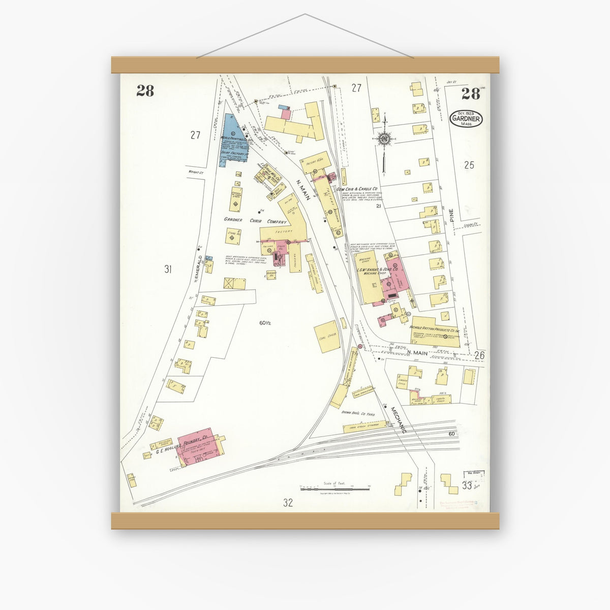 Old map wall art mockup — magnetic wood frame on white wall — Sanborn Fire Insurance Map from Gardner, Worcester County, Massachusetts (1923), Sheet #0028