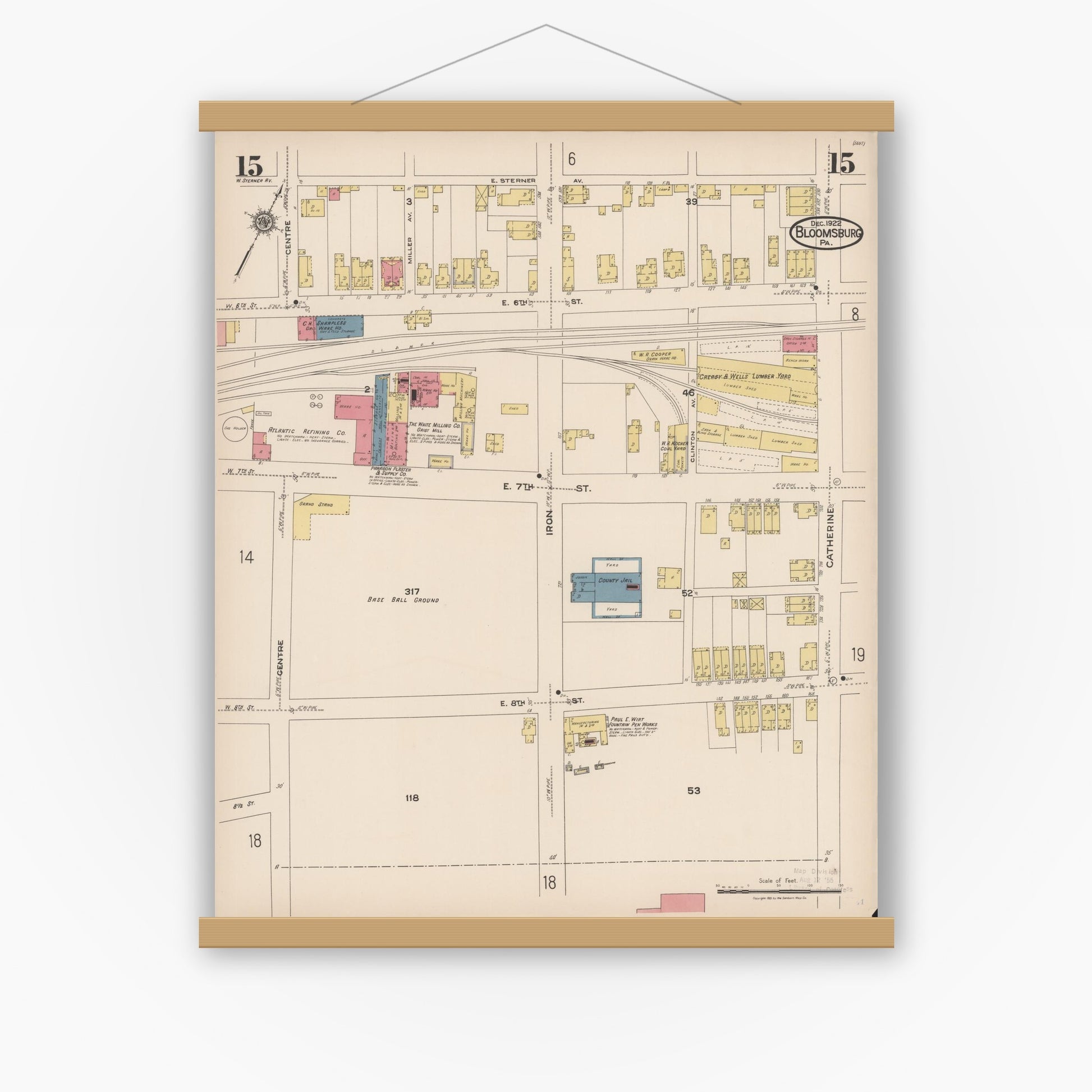 Old map wall art mockup — magnetic wood frame on white wall — Sanborn Fire Insurance Map from Bloomsburg, Columbia County, Pennsylvania (1922), Sheet #0015