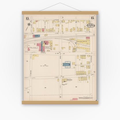 Old map wall art mockup — magnetic wood frame on white wall — Sanborn Fire Insurance Map from Bloomsburg, Columbia County, Pennsylvania (1922), Sheet #0015