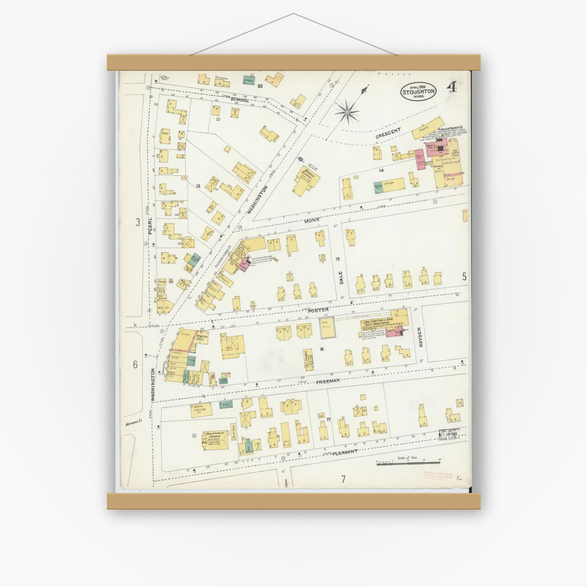 Old map wall art mockup — magnetic wood frame on white wall — Sanborn Fire Insurance Map from Stoughton, Norfolk County, Massachusetts (1906), Sheet #0004