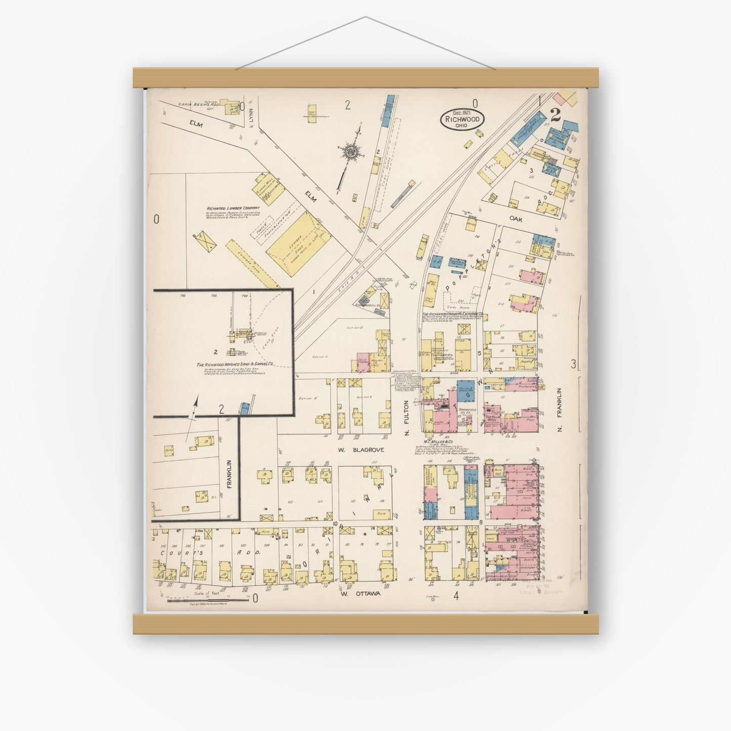 Old map wall art mockup — magnetic wood frame on white wall — Sanborn Fire Insurance Map from Richwood, Union County, Ohio (1921), Sheet #0002