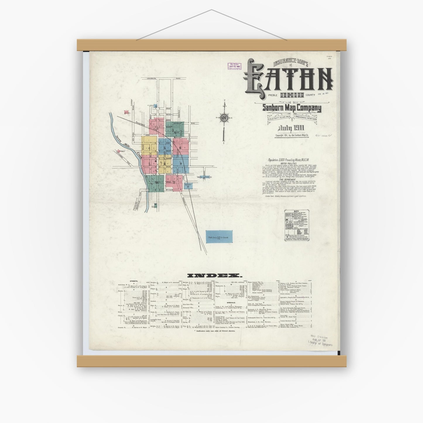 Old map wall art mockup — magnetic wood frame on white wall — Sanborn Fire Insurance Map from Eaton, Preble County, Ohio (1911), Sheet #0001