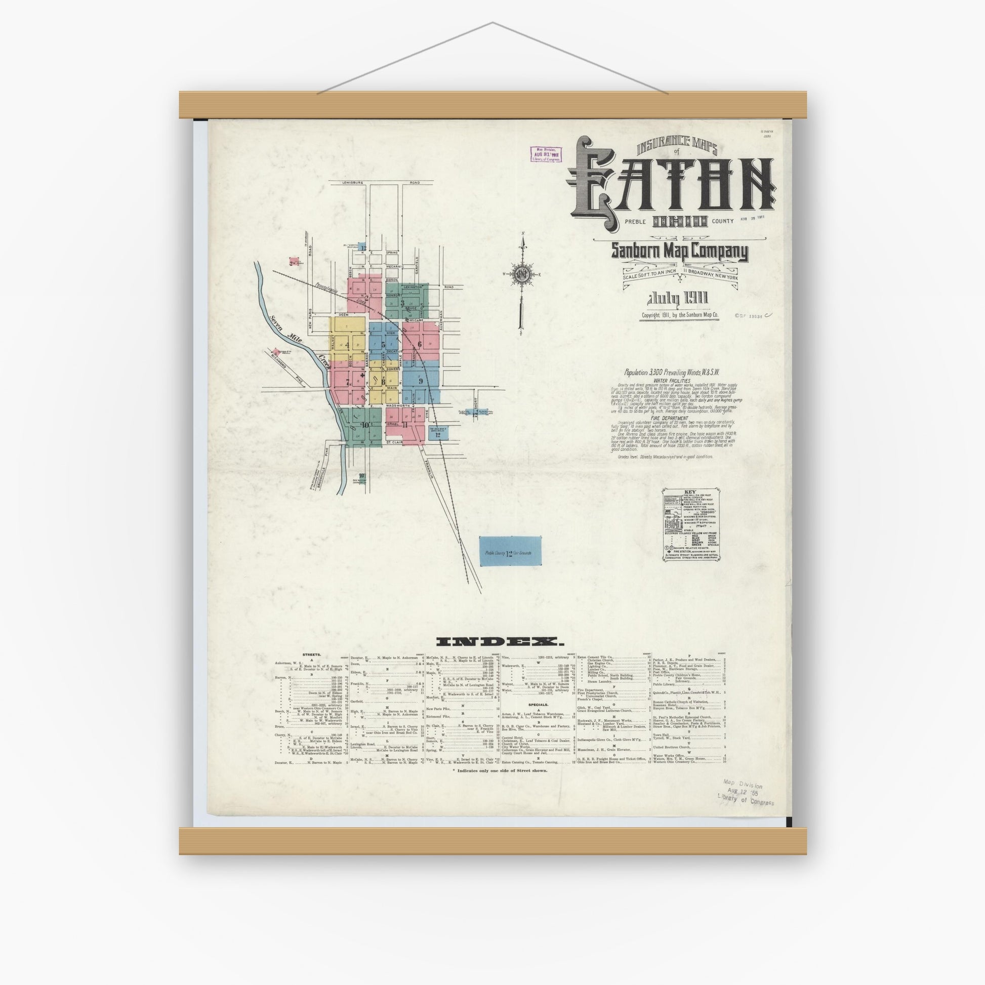Old map wall art mockup — magnetic wood frame on white wall — Sanborn Fire Insurance Map from Eaton, Preble County, Ohio (1911), Sheet #0001