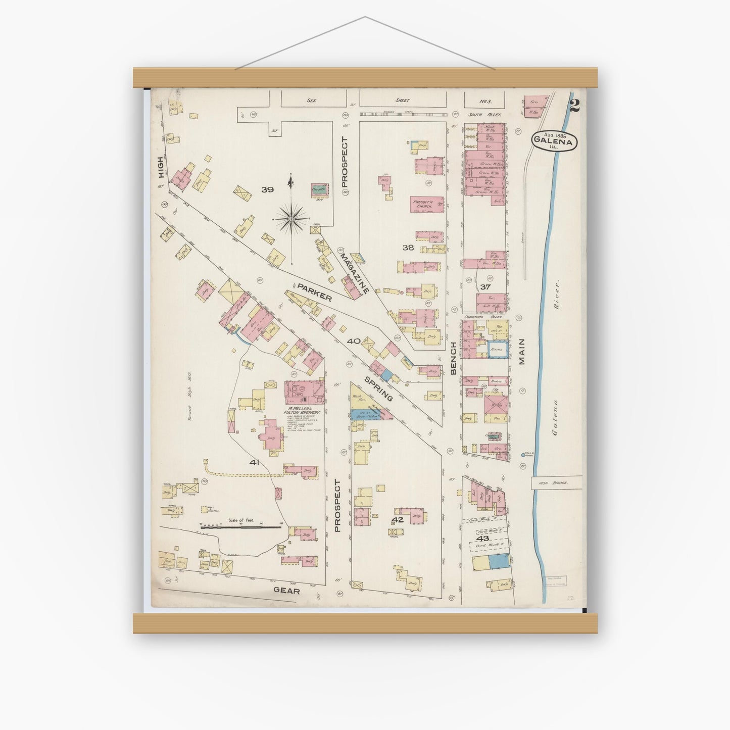 Old map wall art mockup — magnetic wood frame on white wall — Sanborn Fire Insurance Map from Galena, Jo Daviess County, Illinois (1885), Sheet #0002