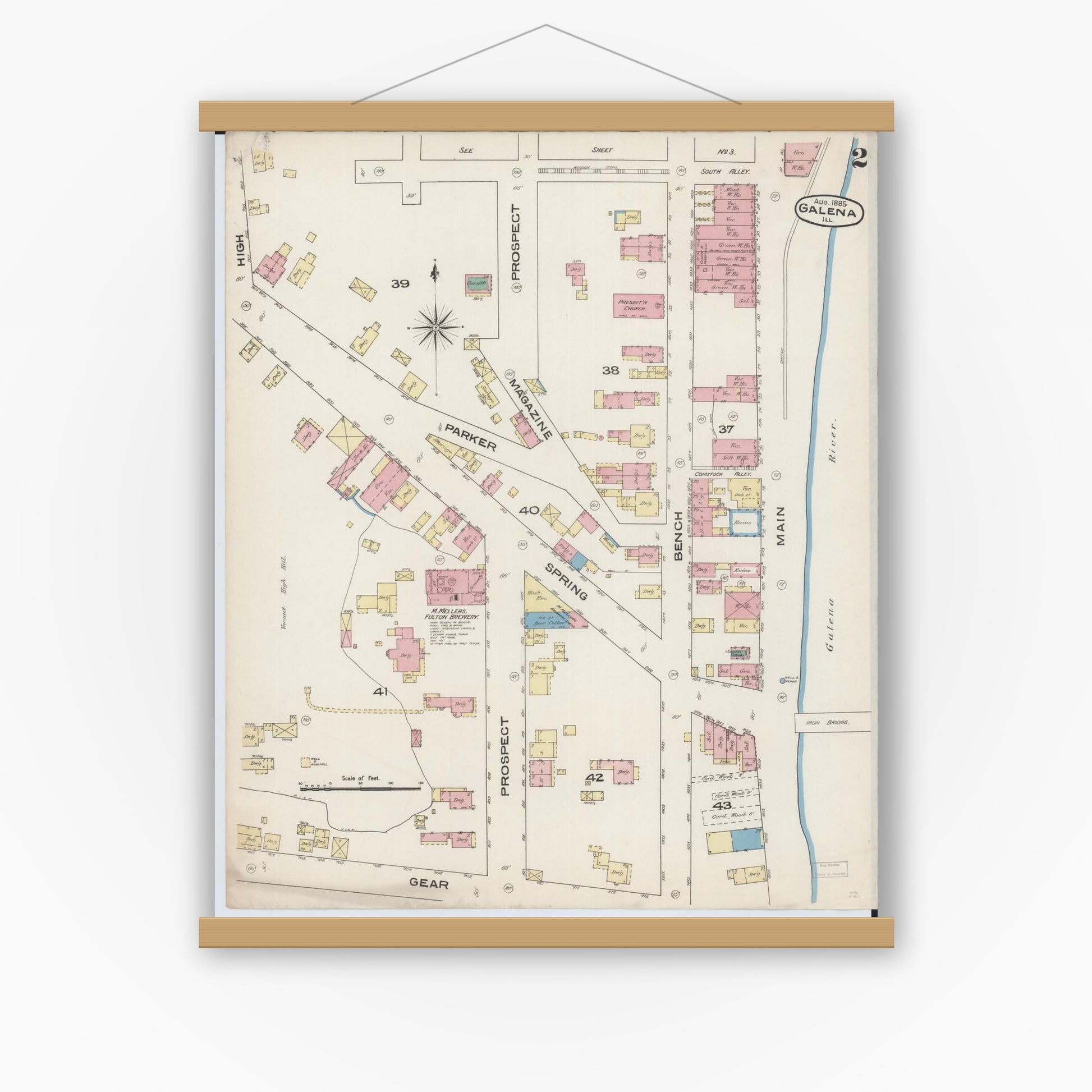 Old map wall art mockup — magnetic wood frame on white wall — Sanborn Fire Insurance Map from Galena, Jo Daviess County, Illinois (1885), Sheet #0002