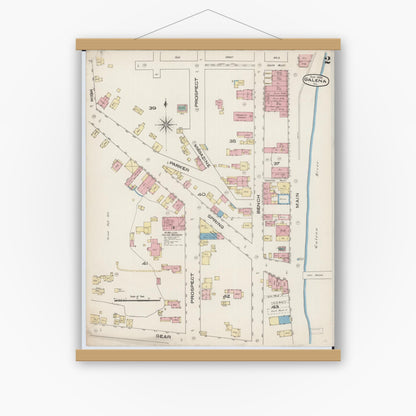 Old map wall art mockup — magnetic wood frame on white wall — Sanborn Fire Insurance Map from Galena, Jo Daviess County, Illinois (1885), Sheet #0002