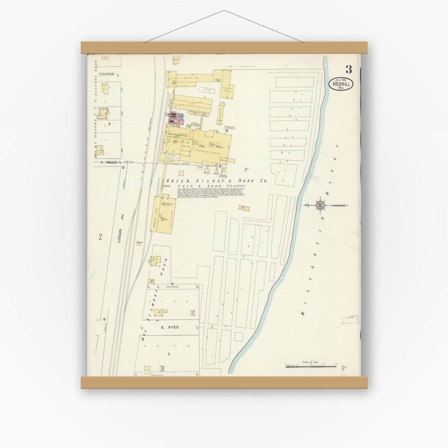 Old map wall art mockup — magnetic wood frame on white wall — Sanborn Fire Insurance Map from Merrill, Lincoln County, Wisconsin (1913), Sheet #0003