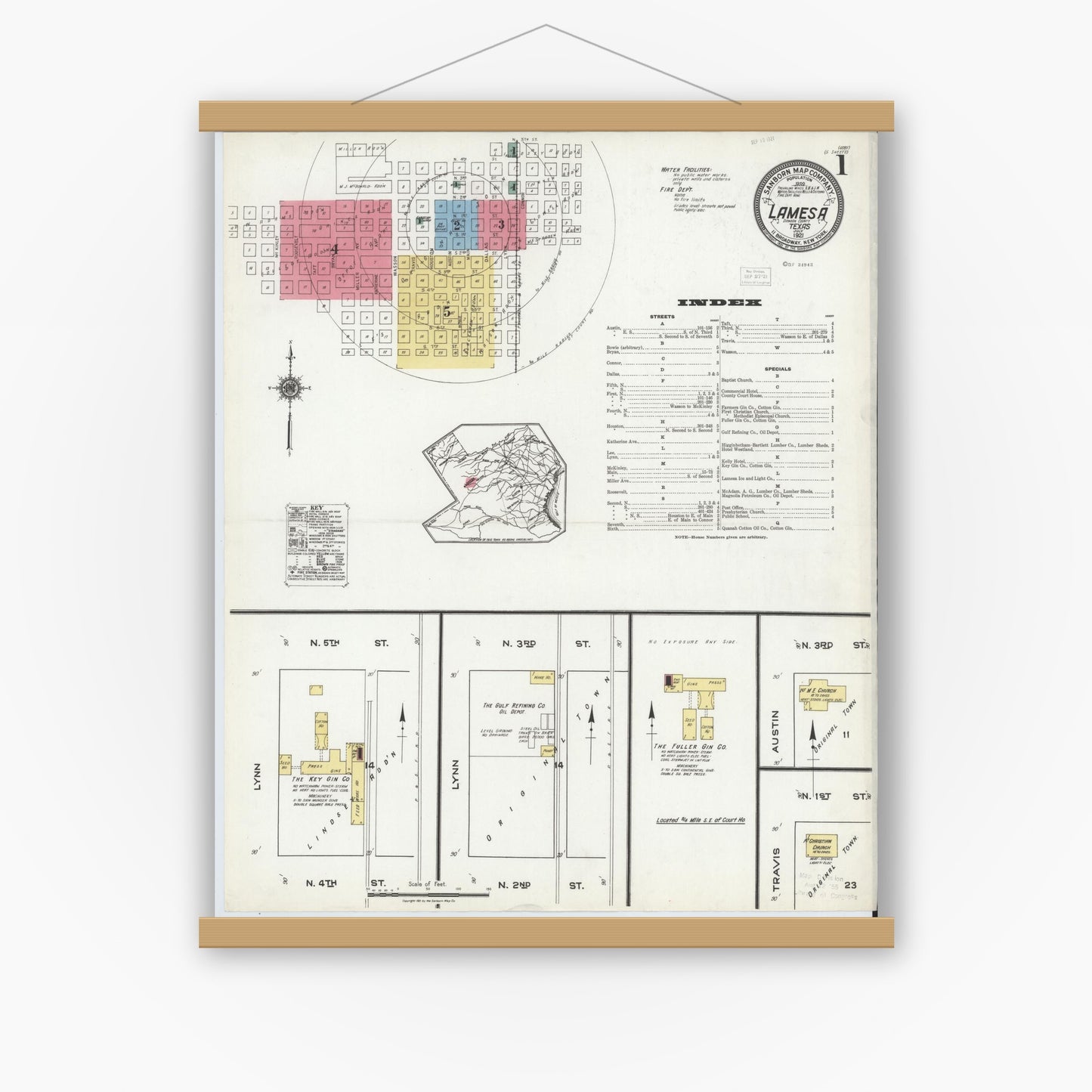 Old map wall art mockup — magnetic wood frame on white wall — Sanborn Fire Insurance Map from Lamesa, Dawson County, Texas (1921), Sheet #0001