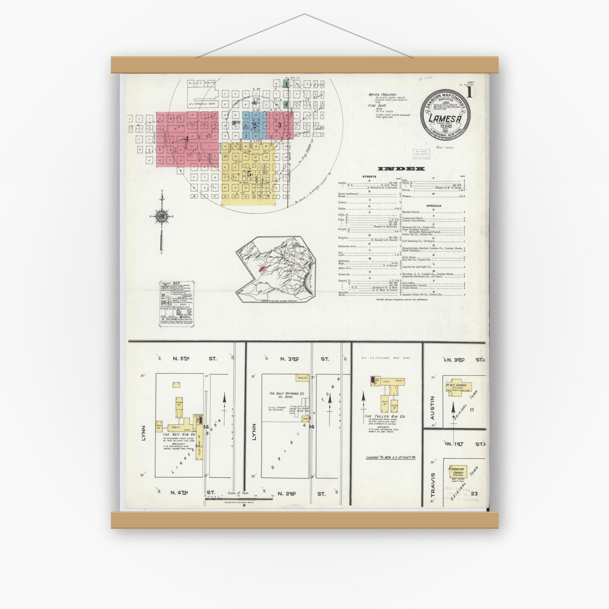 Old map wall art mockup — magnetic wood frame on white wall — Sanborn Fire Insurance Map from Lamesa, Dawson County, Texas (1921), Sheet #0001