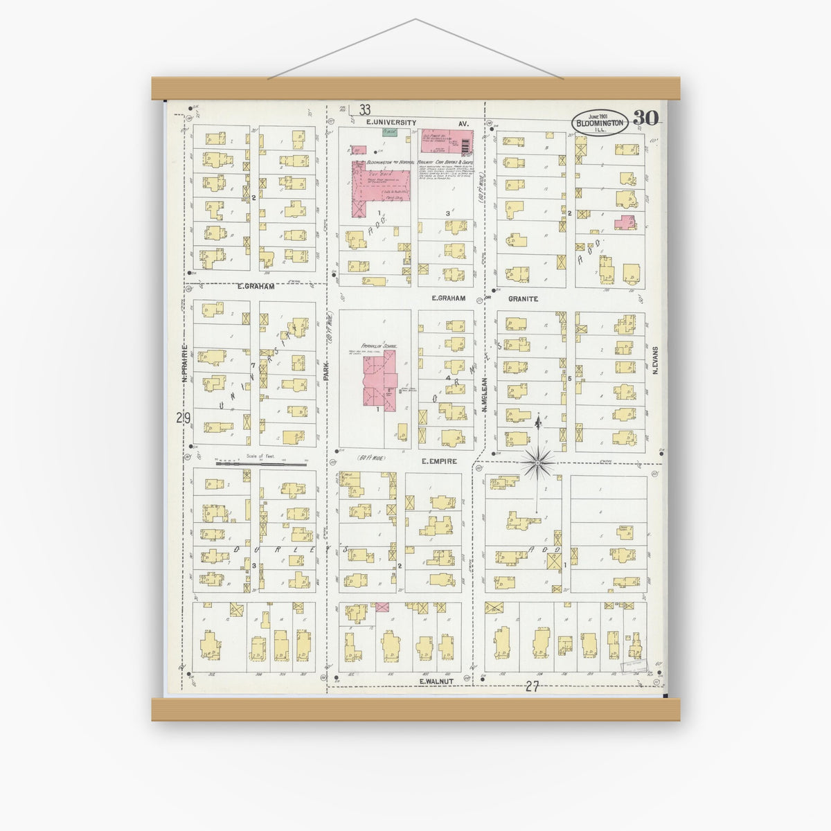 Old map wall art mockup — magnetic wood frame on white wall — Sanborn Fire Insurance Map from Bloomington, McLean County, Illinois (1901), Sheet #0030