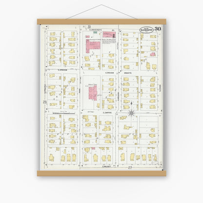 Old map wall art mockup — magnetic wood frame on white wall — Sanborn Fire Insurance Map from Bloomington, McLean County, Illinois (1901), Sheet #0030