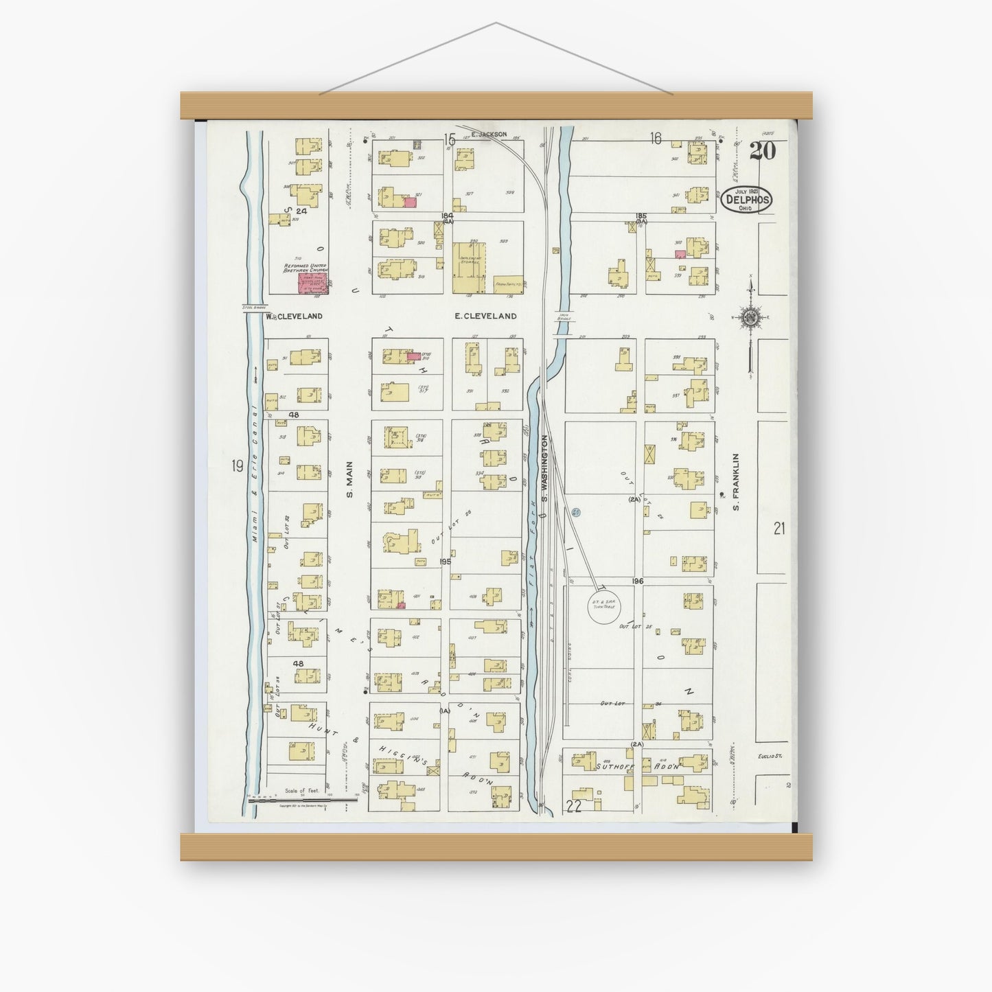 Old map wall art mockup — magnetic wood frame on white wall — Sanborn Fire Insurance Map from Delphos, Van Wert And Allen Counties, Ohio (1921), Sheet #0020