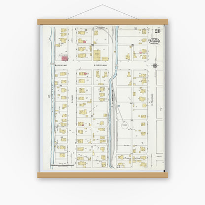 Old map wall art mockup — magnetic wood frame on white wall — Sanborn Fire Insurance Map from Delphos, Van Wert And Allen Counties, Ohio (1921), Sheet #0020