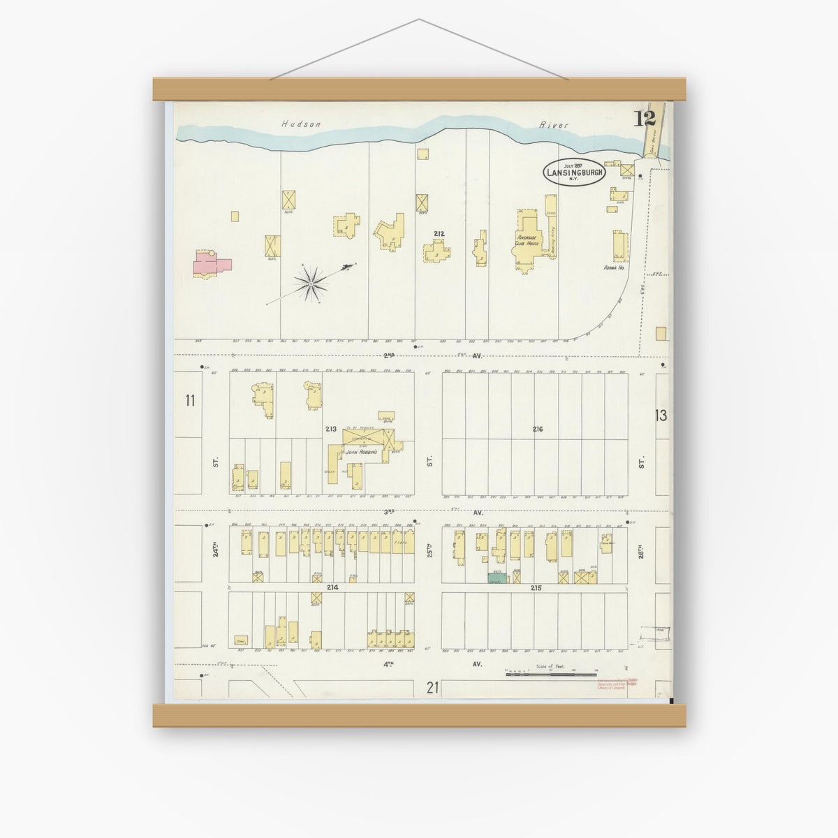 Old map wall art mockup — magnetic wood frame on white wall — Sanborn Fire Insurance Map from Lansingburg, Rensselaer County, New York (1897), Sheet #0012