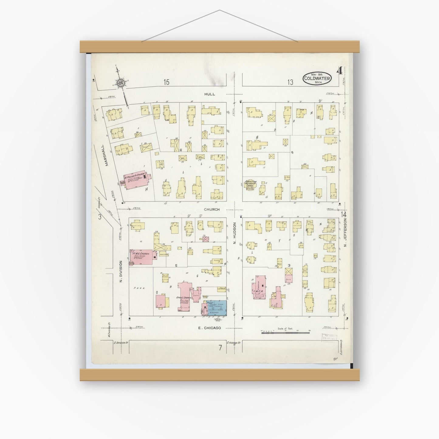 Old map wall art mockup — magnetic wood frame on white wall — Sanborn Fire Insurance Map from Coldwater, Branch County, Michigan (1914), Sheet #0004