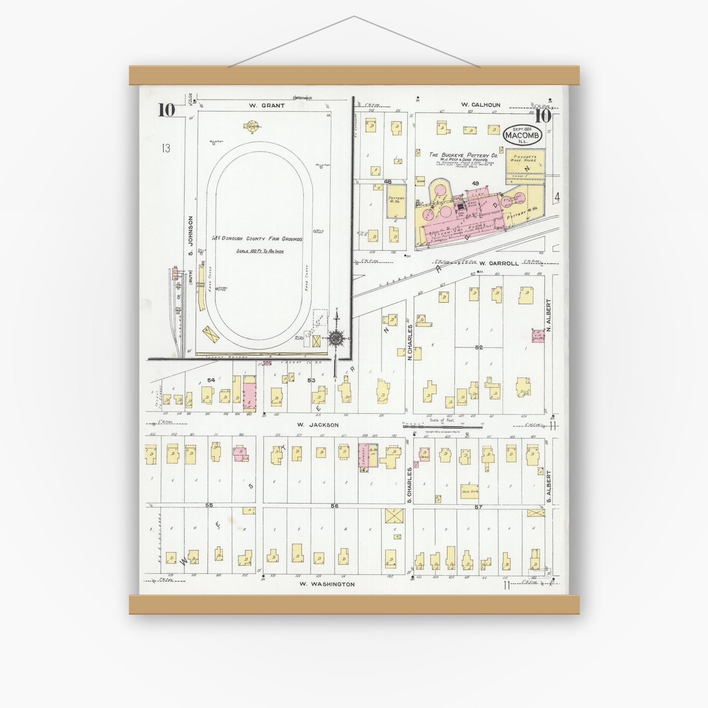 Old map wall art mockup — magnetic wood frame on white wall — Sanborn Fire Insurance Map from Macomb, Mcdonough County, Illinois (1924), Sheet #0010