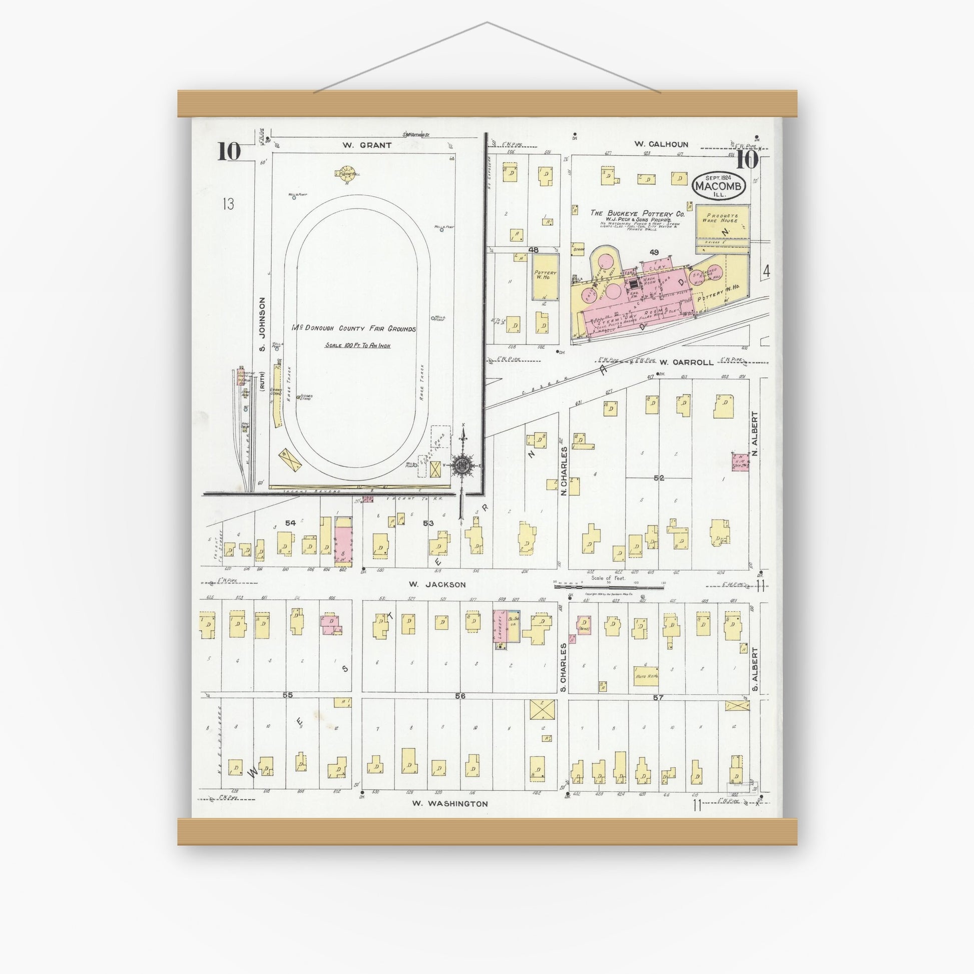 Old map wall art mockup — magnetic wood frame on white wall — Sanborn Fire Insurance Map from Macomb, Mcdonough County, Illinois (1924), Sheet #0010