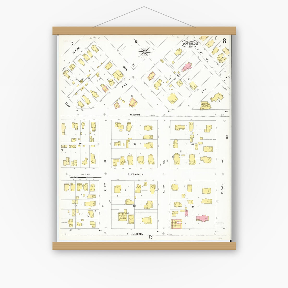Old map wall art mockup — magnetic wood frame on white wall — Sanborn Fire Insurance Map from Waterloo, Black Hawk County, Iowa (1900), Sheet #0008