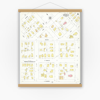 Old map wall art mockup — magnetic wood frame on white wall — Sanborn Fire Insurance Map from Waterloo, Black Hawk County, Iowa (1900), Sheet #0008