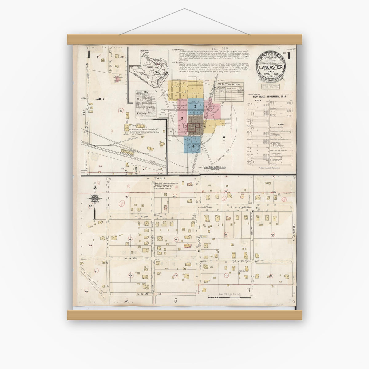 Old map wall art mockup — magnetic wood frame on white wall — Sanborn Fire Insurance Map from Lancaster, Dallas County, Texas (1939) - Complete Map Set