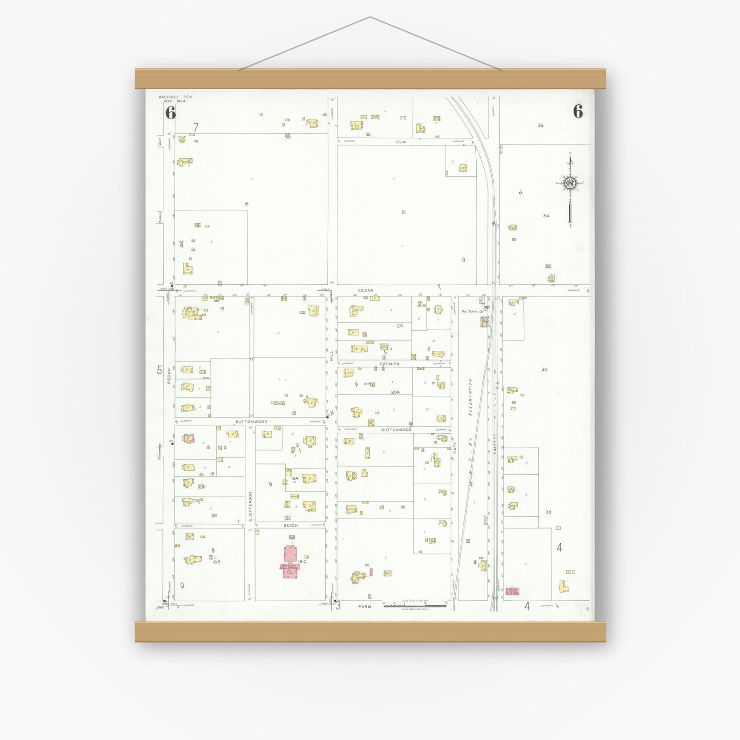 Old map wall art mockup — magnetic wood frame on white wall — Sanborn Fire Insurance Map from Bastrop, Bastrop County, Texas (1934), Sheet #0006