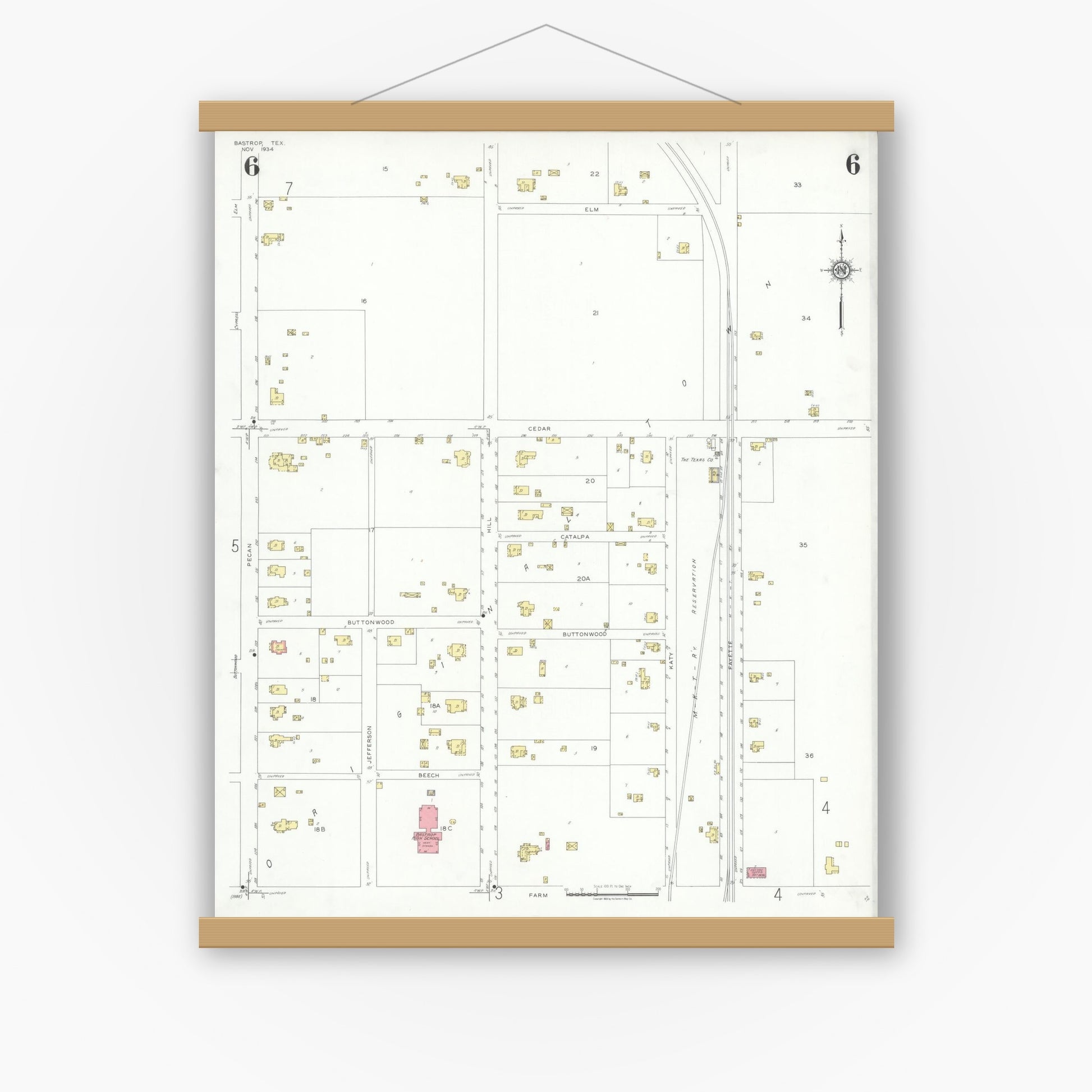 Old map wall art mockup — magnetic wood frame on white wall — Sanborn Fire Insurance Map from Bastrop, Bastrop County, Texas (1934), Sheet #0006